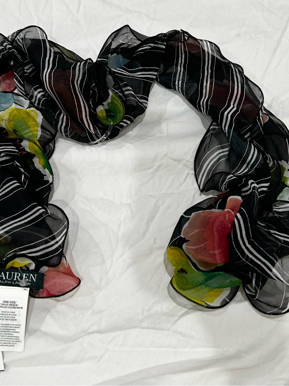 Ralph Lauren Black Floral Stripe Ruffle Scarf